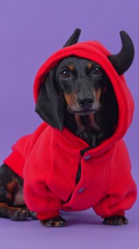 A black and tan dachshund dog wearing a red fleece hoodie with devil horns squints and lifts its gaze in a studio on purple, a concept of mischievous temptation and pet clothing retail.
