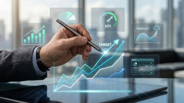 Businessman using digital tablet to analyze business growth, financial data, and performance metrics with interactive holographic charts and graphs