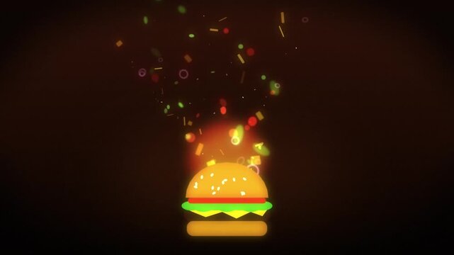 Stylized fast food burger icon illuminated by glowing fire effect with confetti falling against dark background