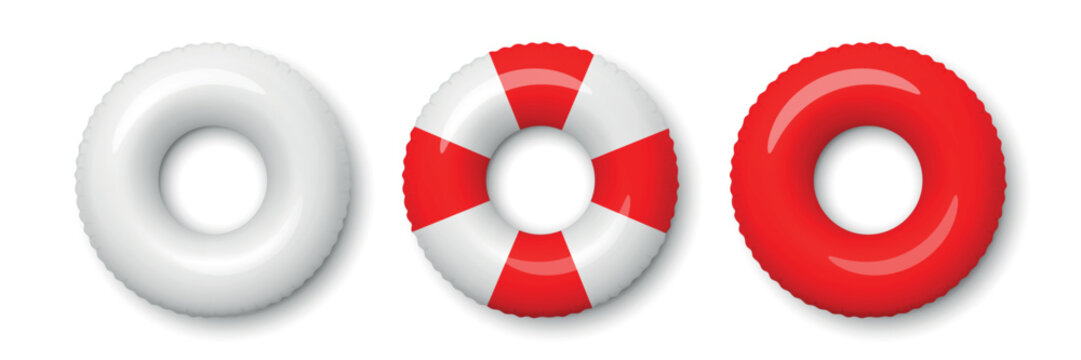 Swim Ring Set, 3d Vector Illustration. Inflatable Swim Ring Collection, Front View. White Red Pool Float and Lifebuoy Rings for Beach, Pool Party, Summer Vacation, Water Safety, Swimming Design