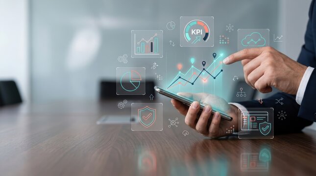 Businessman using smartphone to analyze business performance and financial data with digital kpi dashboard and growth charts in office