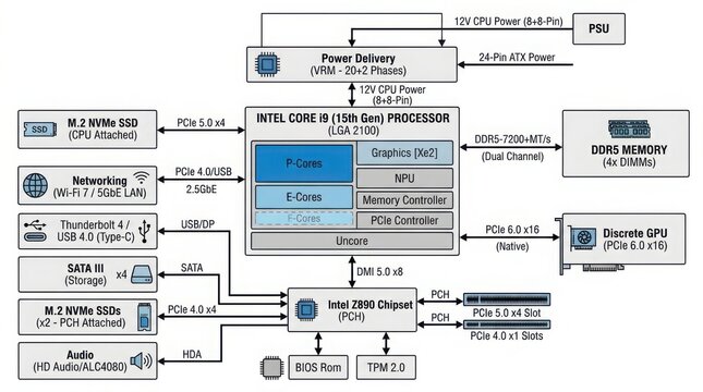Computer processor architecture diagram with motherboard components