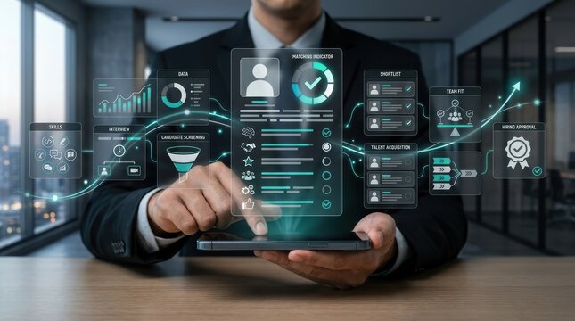 Hr manager using digital interface to analyze candidate profiles and streamline the recruitment process with aipowered talent acquisition technology