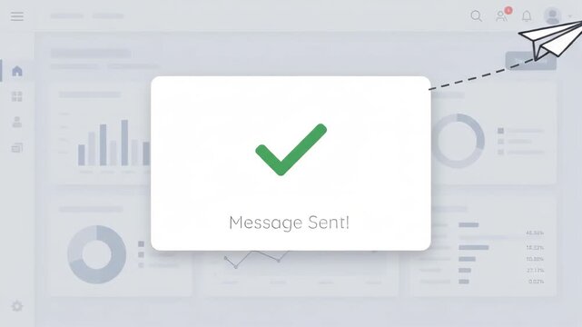 paper airplane icon flying with dotted flight path on popup card centered over blurred business analytics dashboard interface showing various data charts graphs and information metrics