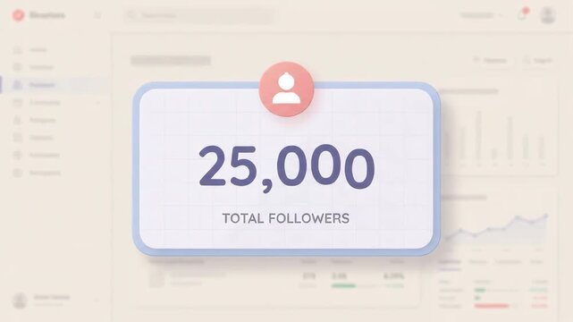 floating rounded interface card displaying total followers text with user icon sits over blurred digital analytics dashboard background featuring various statistical graphs and data tables