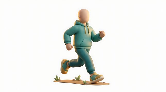 3d character jogging in teal hoodie and sweatpants on white background