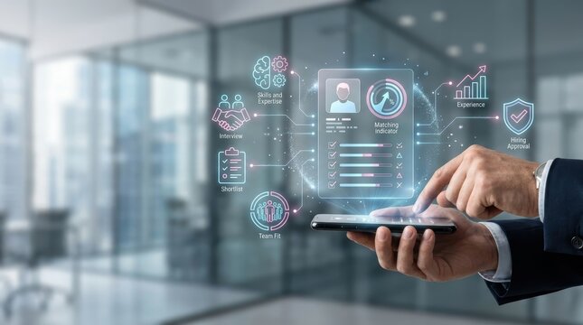 Businessman using smartphone to analyze candidate profile with digital recruitment interface and hiring analytics icons in a modern office environment