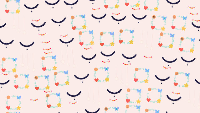 Cute cartoon pattern with smiley faces, hearts, and butterflies