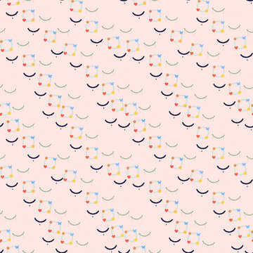 Cute Pattern with Smiling Faces, Hearts, and Butterflies