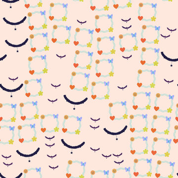 Decorative frame pattern with smiley faces, hearts, and butterflies