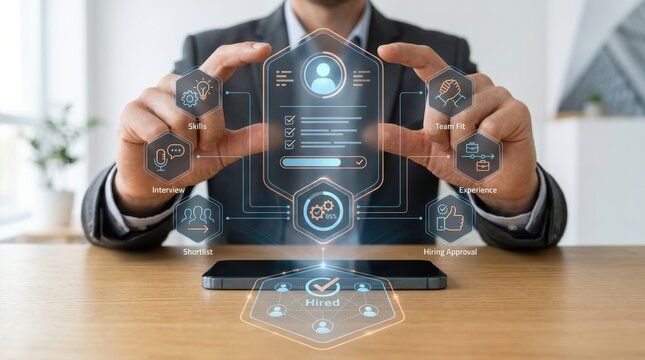 Businessman using digital interface for recruitment and hiring process, concept of human resources management and talent acquisition with modern technology