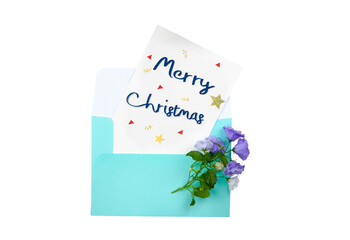  Merry Christmas greeting card in turquoise envelope with purple flowers isolated on transparent background © Sata