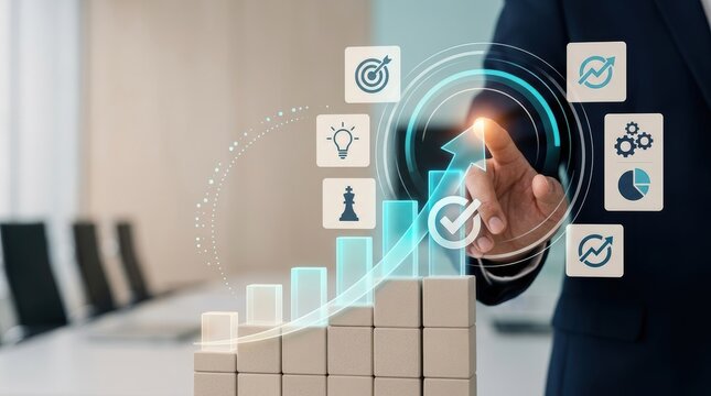 Business growth and success concept with businessman touching digital bar chart with icons