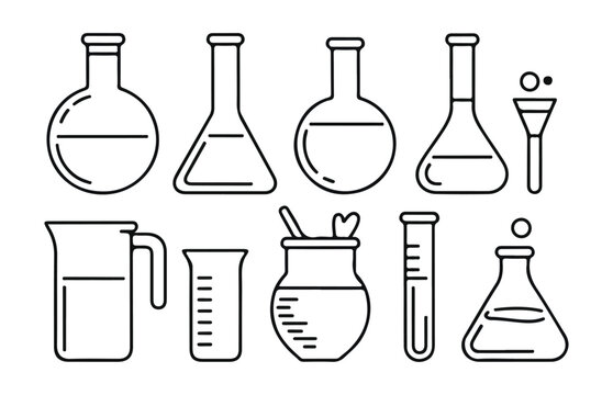Laboratory glass vessels outline set including beaker flask test tube and measuring cup with scale.