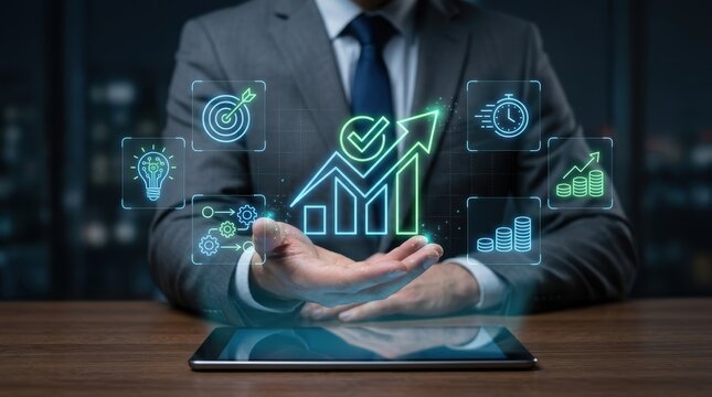 Businessman holding a glowing digital business growth chart and strategy icons above a tablet, representing success, efficiency, and financial planning