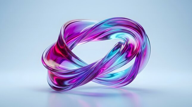 Glowing neon mobius strip sculpture with iridescent purple and blue