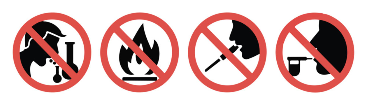 Prohibition signs for no drinking, no smoking, no drug use, and no sniffing substances.