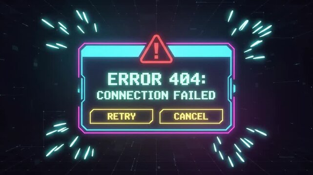 neon glitch 404 error message displaying connection failed notice centered in dark cyberspace environment with digital data streams and glowing lines flowing through the background