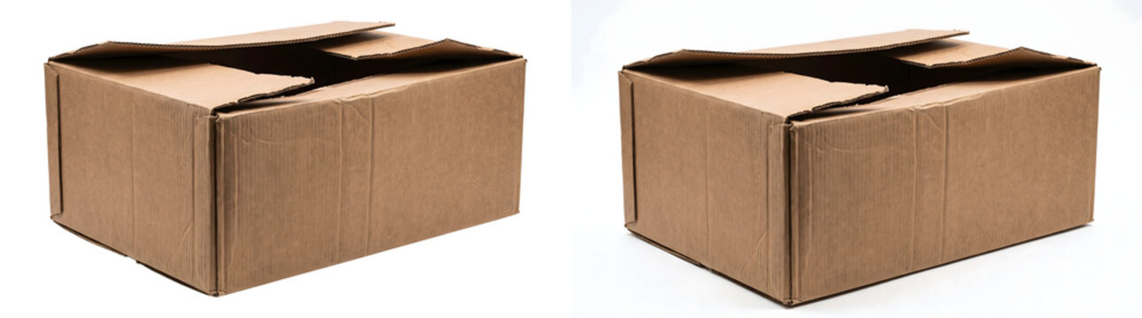 Cardboard boxes in worn brown corrugated paper with partially open flaps and creased sides on a clean white background for moving and delivery concepts