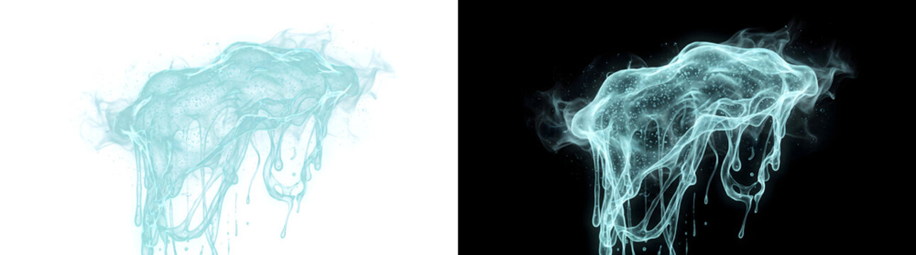 Slime with dripping translucent cyan liquid and misty wisps for fantasy designs in PNG, Transparent and Black Background Versions