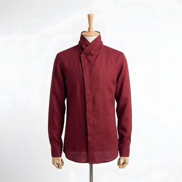 Burgundy linen shirt with unique crossover collar design on a professional wooden mannequin