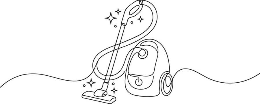 Continuous line of a household vacuum cleaner with sparkling stars, isolated on a white background, for cleaning service concepts