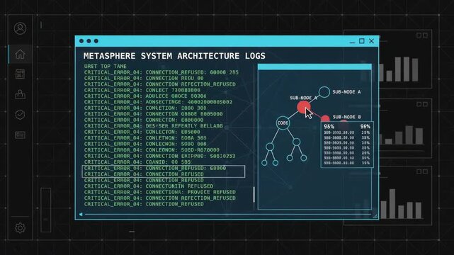 digital interface displays critical system architecture error logs and network node map in dark control room setting with blurry data charts visible in the background