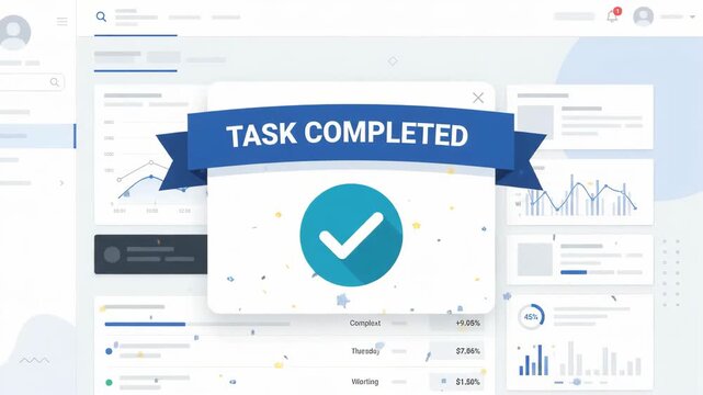 Task Completed banner floating above digital dashboard display featuring various data analytics graphs and financial performance charts in clean minimalist software user interface