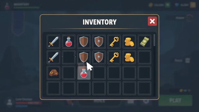 cursor selecting red health potion inside digital role-playing game inventory menu screen with blurred fantasy game landscape visible in the background