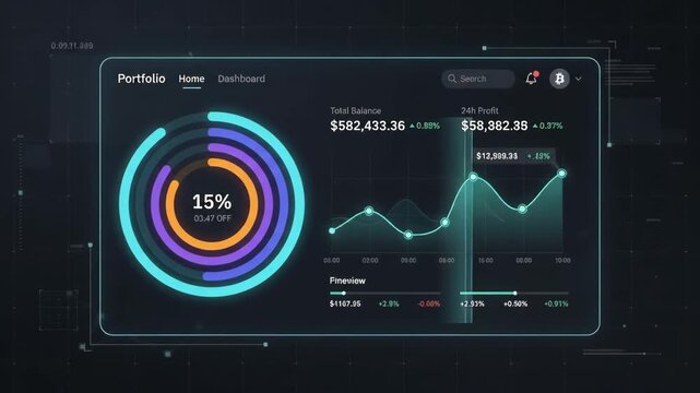 digital financial dashboard showing colorful circular charts with cryptocurrency market price fluctuations displayed against dark tech-themed interface background with grid lines and data nodes