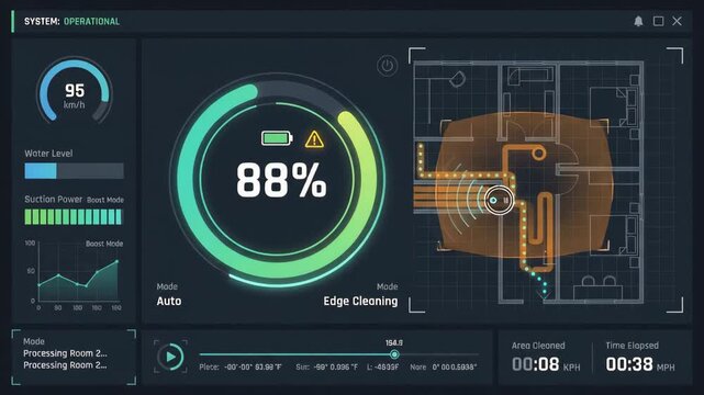 Digital interface of smart vacuum robot displaying operational status battery levels and suction power while navigating floor plan map of home in the background
