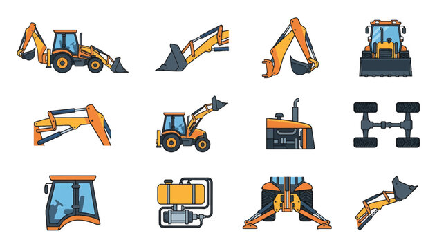 Yellow backhoe loader tractor with front shovel and rear excavator arm isolated on white background. Heavy machinery vector illustration for construction and earthmoving work.
