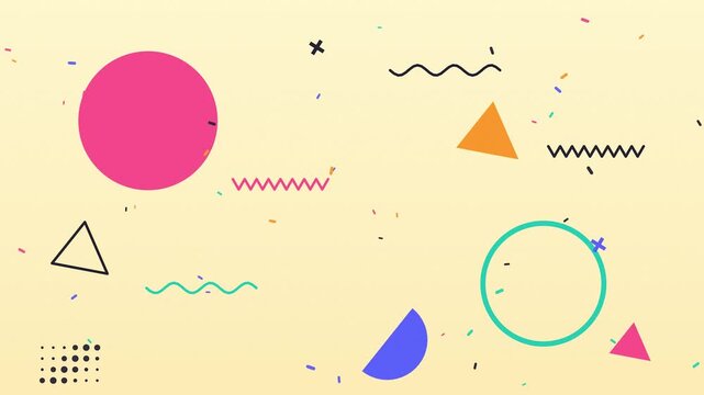 Abstract geometric shapes animation featuring colorful memphis style elements on light background motion clip