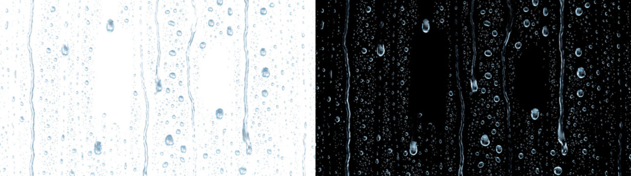 Blue tinted water droplets cover glass surface with cool colored streaks trickling downward using PNG, Transparent and Black Background Versions