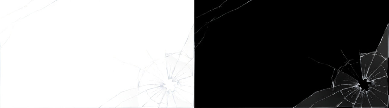 Bullet hole impact point with radiating fine cracks positioned near a broken glass corner using PNG, Transparent and Black Background Versions