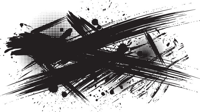 Grunge black ink splatter banner with halftone dot texture and rough brush strokes, isolated on a white background for