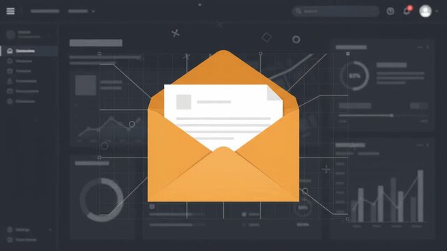 open yellow envelope icon centered on digital interface screen displaying various financial charts analytical graphs and data dashboard analytics in the dark background