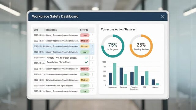 digital workplace safety dashboard interface displaying corrective action statistics and incident reports overlaid on blurred professional office corridor background