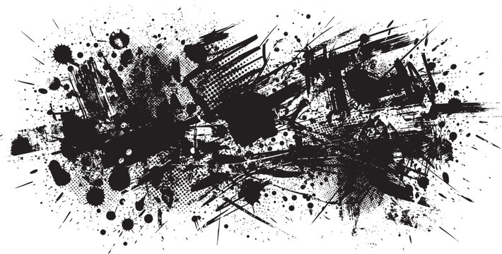 Grunge black ink splatter banner with halftone dot texture and rough brush strokes, isolated on a white background, for layouts