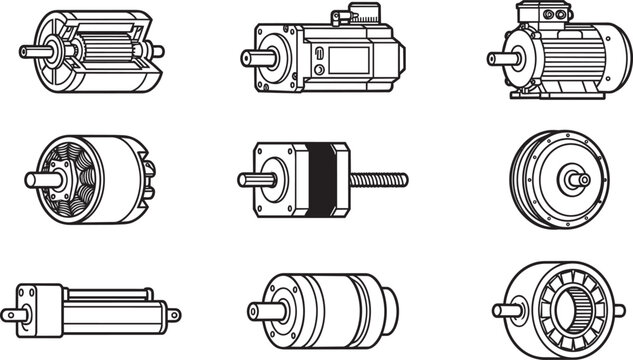 Industrial electric motor types and mechanical drive components collection featuring various motor housings, shafts, and internal parts