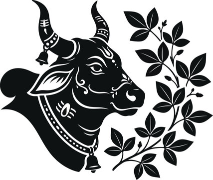 Sacred Nandi bull head silhouette decorated with floral branch for Maha Shivaratri celebration
