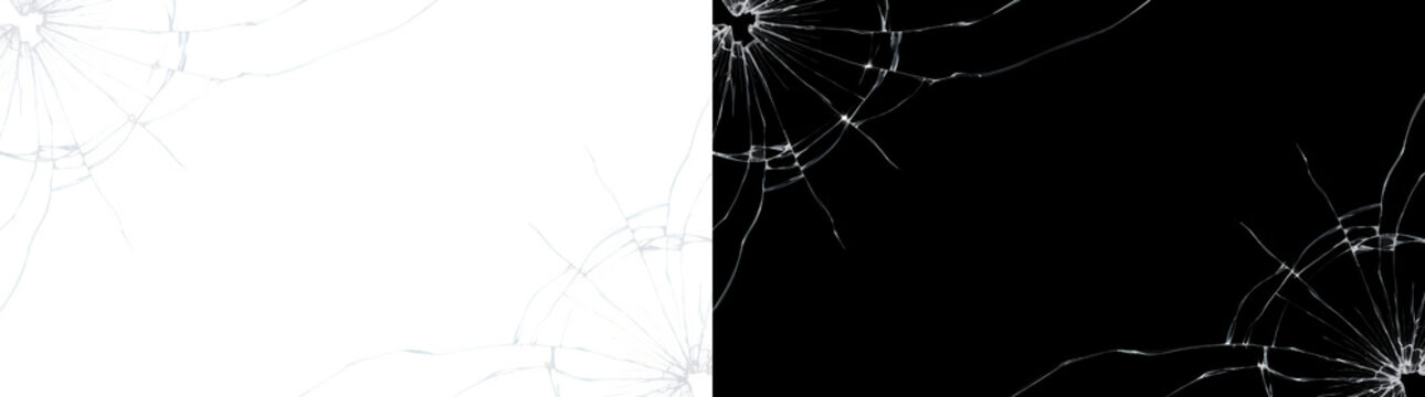 Two diagonal shattered glass impact points connect through winding crack lines across the surface using PNG, Transparent and Black Background Versions
