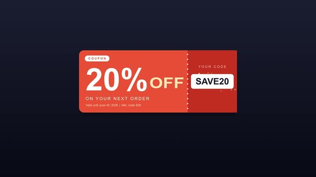 Animated discount coupon appearing on dark background showing twenty percent off deal with scratch code motion
