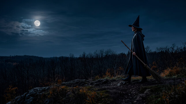 On Halloween, a mysterious witch, dressed in a dark cloak and a pointed hat, walks along a cliff under the bright light of the full moon