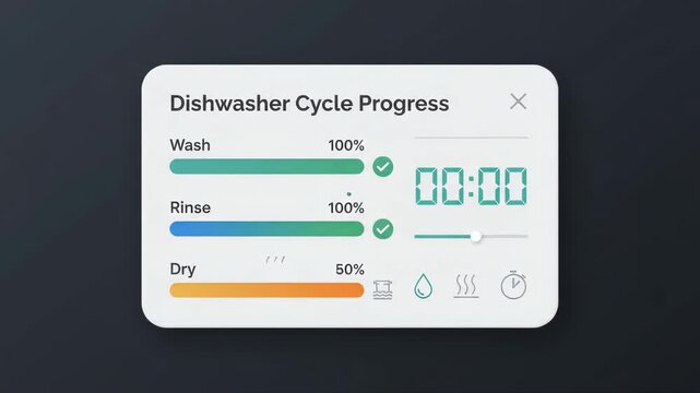 digital dishwasher cycle progress interface showing wash rinse and dry stages with countdown timer on dark background representing smart home appliance monitoring technology