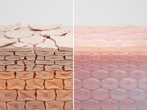 A comparative cross-section view showing dry, flaky damaged skin versus healthy, hydrated skin.