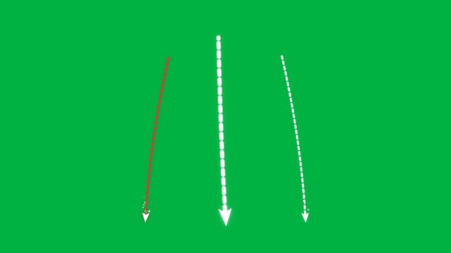 Premium motion graphics asset featuring animated curved dashed trajectory arrows plunging downwards from top to bottom with glowing pill dashes, leadi.