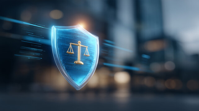 A digital shield displaying scales of justice represents legal protection regulatory compliance cyber law data security and technology governance.
