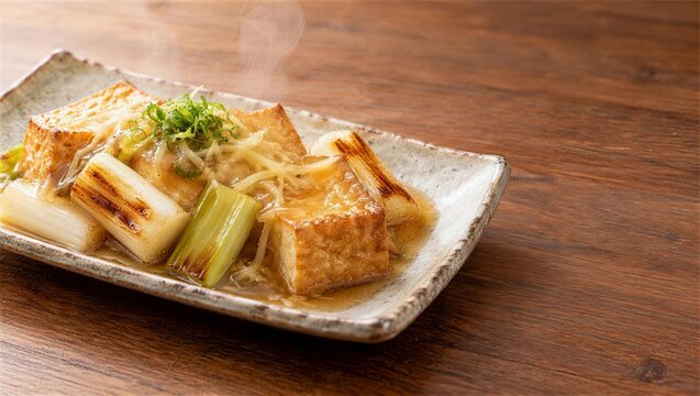焼きねぎと厚揚げに生姜あんをかけた一皿