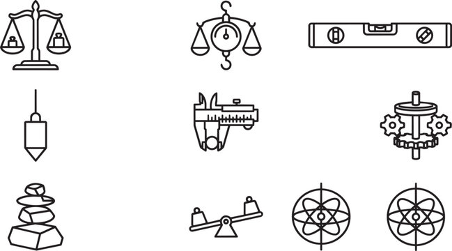 Set of black line icons featuring scales, measuring tools, gears, atoms, and stacked stones, isolated on a white background